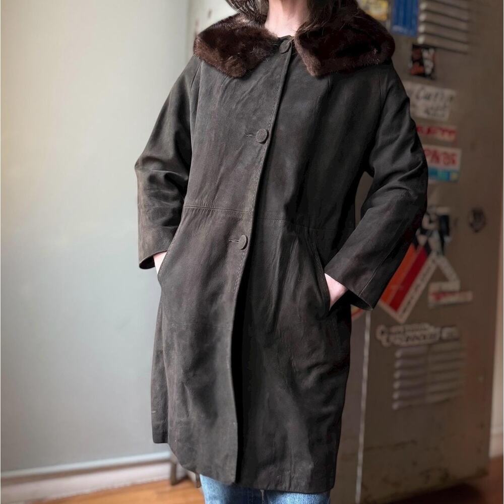 Vintage 60s Suede Coat | Mink Fur Collar Mid Length| Chocolate Brown | Size M/L